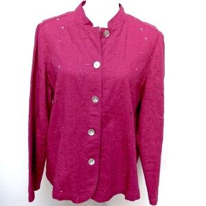 Chico’s Linen Button-up Shirt Fuchsia Pink Floral Embroidered Size 2 (M/12)